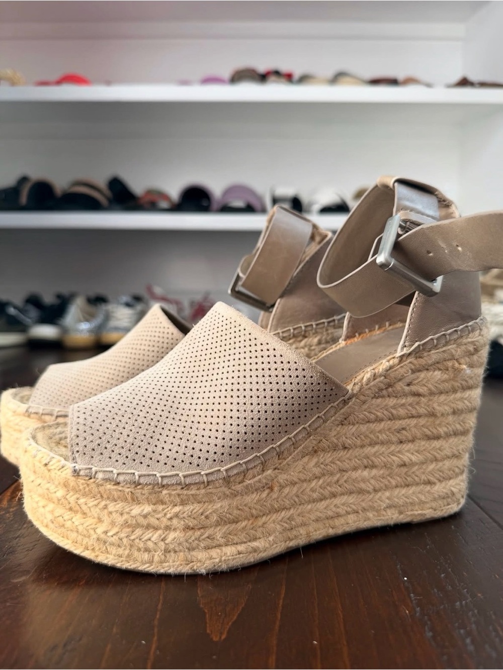 Marc Fisher Beige Perforated Espadrille Wedge Sandals with Ankle Strap